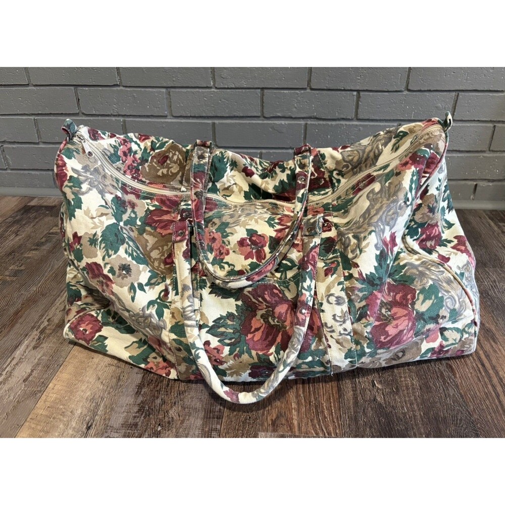 Vtg Pier 1 Imports Passports Canvas Floral Duffel Bag Pink Roses Cottagecore